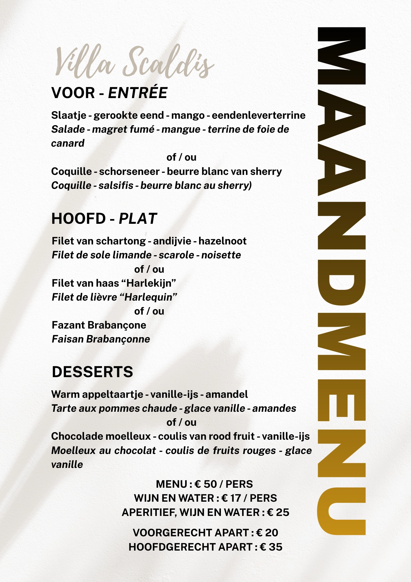 Maandmenu Villa Scaldis