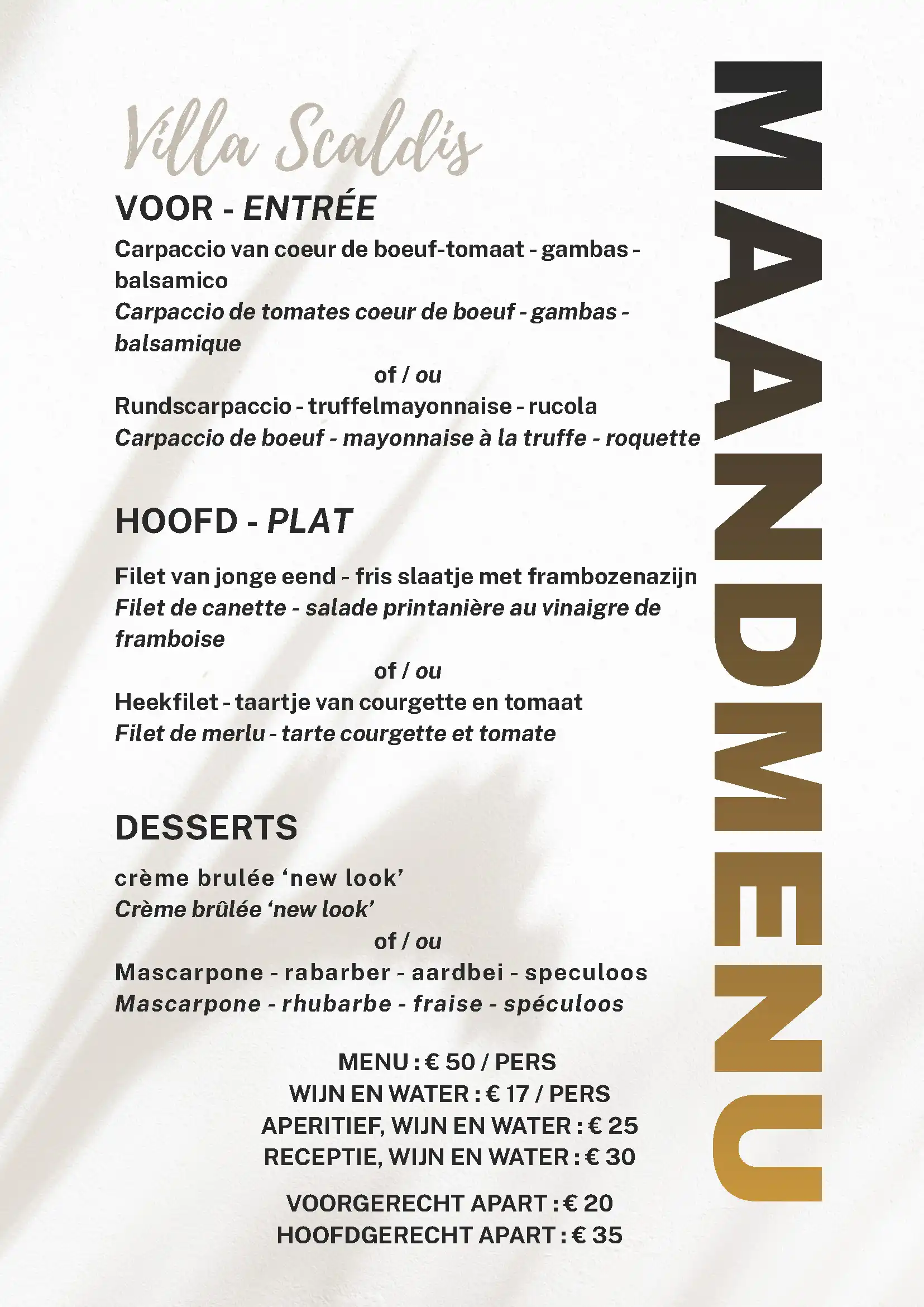 Maandmenu Villa Scaldis