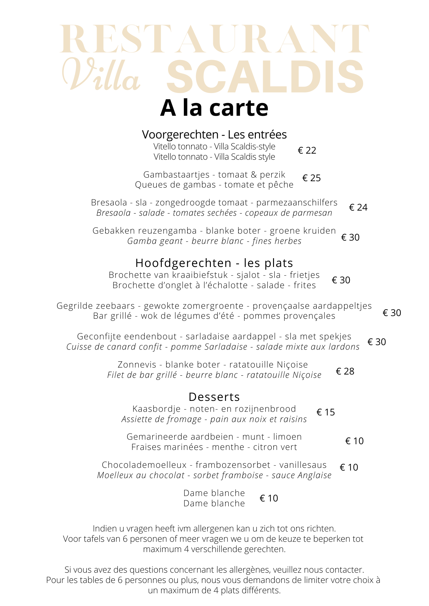 Zomer 2025 Menu Villa Scaldis