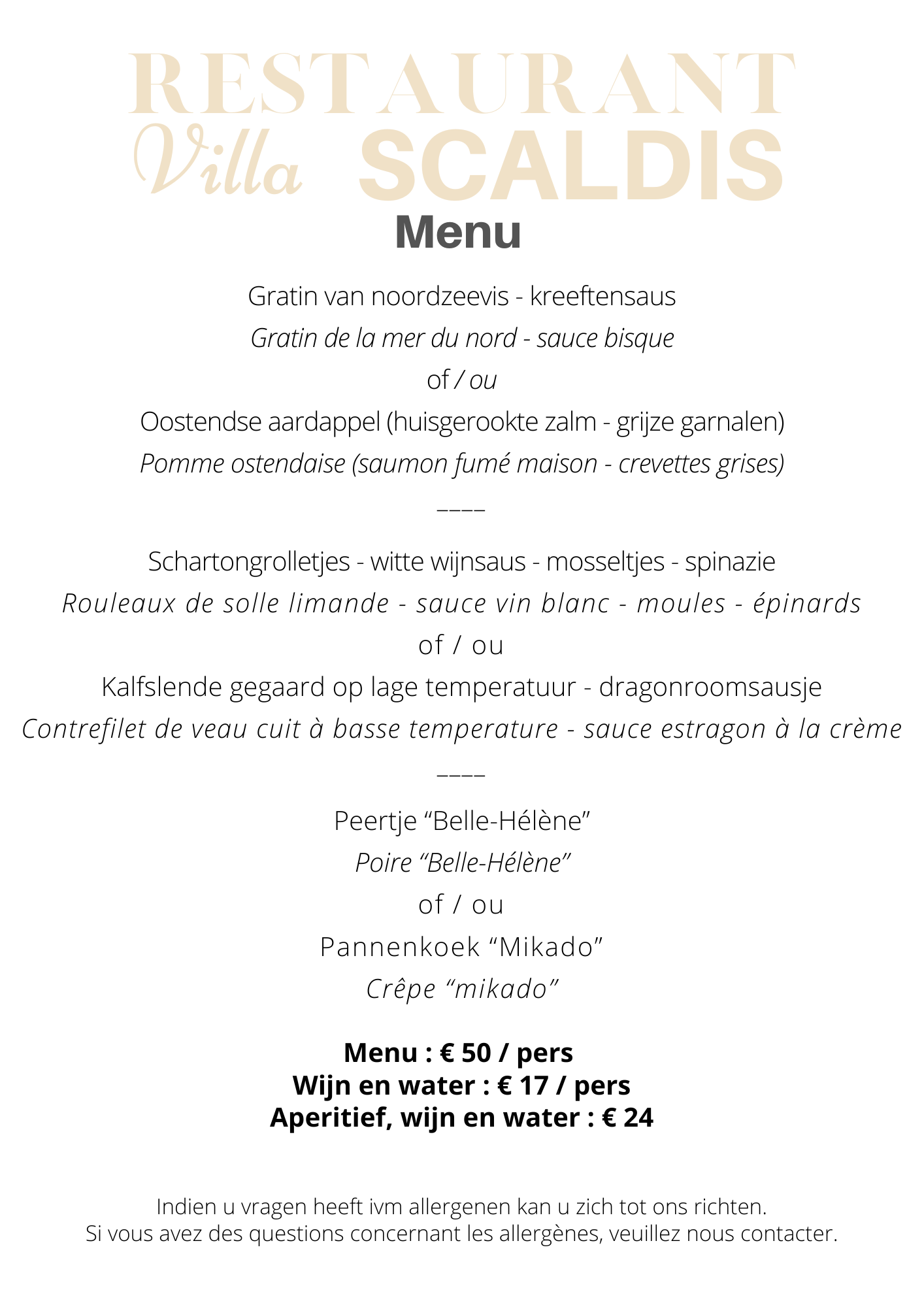 Menu Villa Scaldis