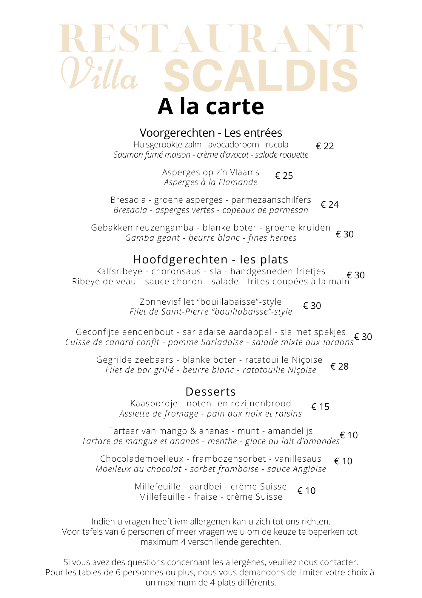 Menu Villa Scaldis