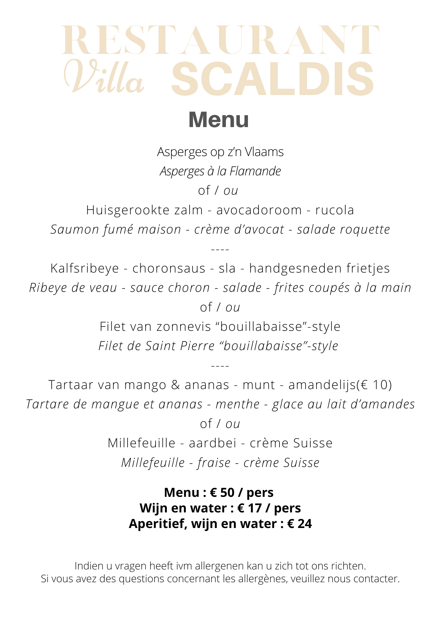 Menu Villa Scaldis